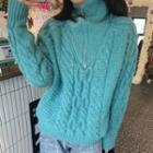 Chunky Knit Turtleneck Half-zip Sweater Aqua Blue - One Size