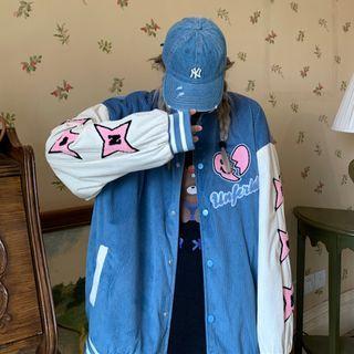 Long Sleeve Star Heart Embroidered Corduroy Baseball Jacket