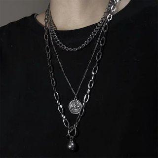 Bead & Disc Pendant Layered Alloy Necklace Silver - One Size