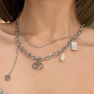 Freshwater Pearl Flower Alloy Choker F-336 - Silver - One Size
