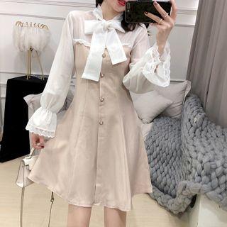Tie-neck Bell-sleeve Mini A-line Dress