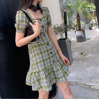 Collared Short-sleeve Plaid Mini A-line Dress