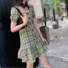 Collared Short-sleeve Plaid Mini A-line Dress