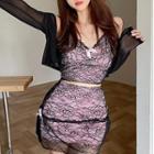 Mesh Cropped Cardigan / Lace Camisole Top / Mini Skirt