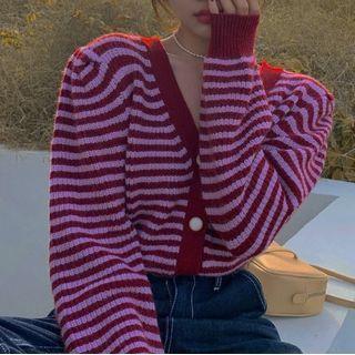 Striped Cardigan Stripes - Red & Pink - One Size