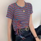 Short-sleeve Striped Drawcord T-shirt As Shown In Figure - One Size