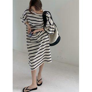 Elbow-sleeve Striped Midi T-shirt Dress Black Stripe - Almond - One Size