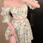 Bell-sleeve Off-shoulder Floral Top / Mini A-line Skirt