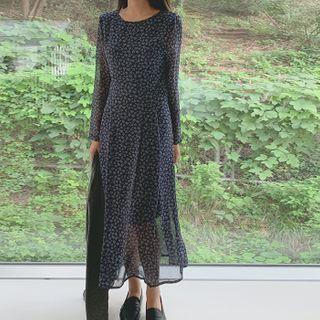 Floral Chiffon A-line Long Dress Navy Blue - One Size