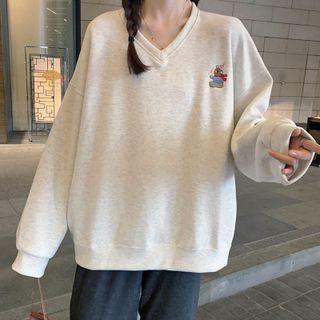 V-neck Bear Embroidered Sweatshirt