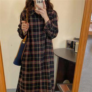 Plaid Midi A-line Shirtdress Plaid - Dark Blue & Maroon - One Size