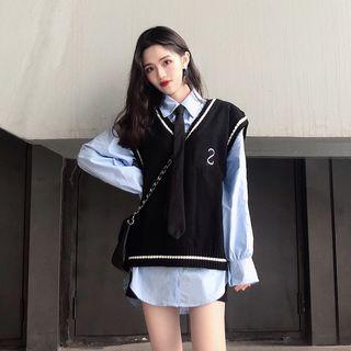 Plain V-neck Knit Vest / Long-sleeve Loose-fit Shirt / Tie