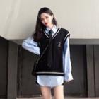Plain V-neck Knit Vest / Long-sleeve Loose-fit Shirt / Tie