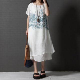 Short-sleeve Printed Layered Midi Dress