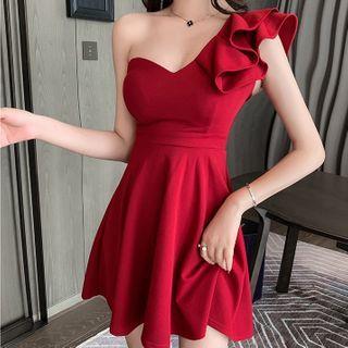 One-shoulder Ruffle Trim Mini A-line Dress