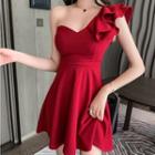 One-shoulder Ruffle Trim Mini A-line Dress
