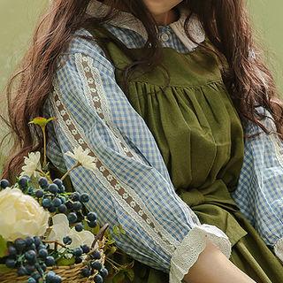 Collared Lace-trim Gingham Blouse