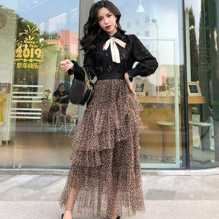 Long-sleeve Blouse / Midi Leopard Print Layered Skirt