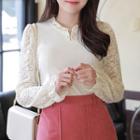 Faux-pearl Frill-neck Lace-sleeve Blouse