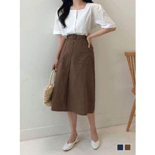 Belted Patch-pocket Long Skirt