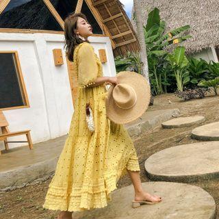 Balloon-sleeve Bobble Trim Midi A-line Eyelet Lace Dress