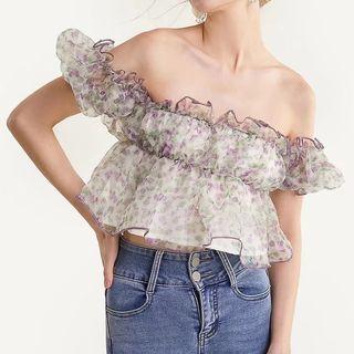 Short-sleeve Off Shoulder Floral Crop Top White & Purple & Green - One Size
