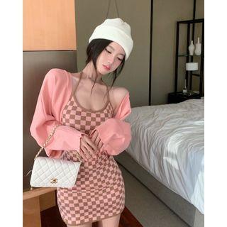 Spaghetti-strap Halter Check Mini Sheath Dress / Cardigan