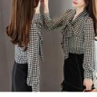 Long-sleeve Houndstooth Tie-neck Blouse
