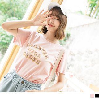 Sequined Lettering Short Sleeve Top