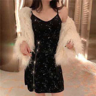 Spaghetti Strap Star Print Mini Sheath Dress Black - One Size