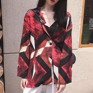 Set: Plain Wide Leg Pants + Print Long-sleeve Chiffon Blouse