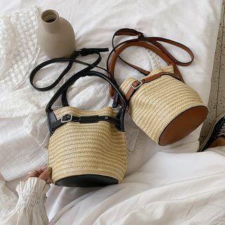 Top Handle Woven Panel Bucket Bag