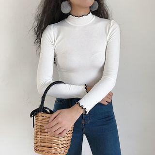 Lettuce Edge Long-sleeve Mock-neck Ribbed Top
