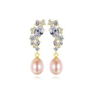 Sterling Silver Plated Gold Elegant Bright Geometric Pink Freshwater Pearl Earrings With Cubic Zirconia Golden - One Size