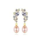 Sterling Silver Plated Gold Elegant Bright Geometric Pink Freshwater Pearl Earrings With Cubic Zirconia Golden - One Size