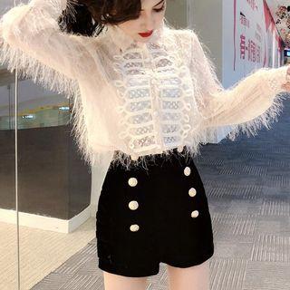 Long-sleeve Fringed Shirt / Velvet Wide Leg Shorts