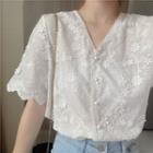 V-neck Scallop-hem Cropped Lace Shirt White - One Size