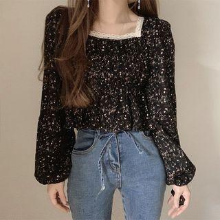 Puff-sleeve Square-neck Ruched Floral Shirt