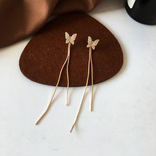 Butterfly Rhinestone Fringed Alloy Earring 1 Pair - S925 Silver Needle - Earring - Gold - One Size