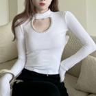 Long-sleeve Cut-out Rhinestone T-shirt