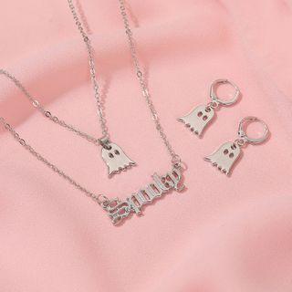 Set: Alloy Ghost Pendant Necklace + Dangle Earring 0775 - 01 - Set - Silver - One Size