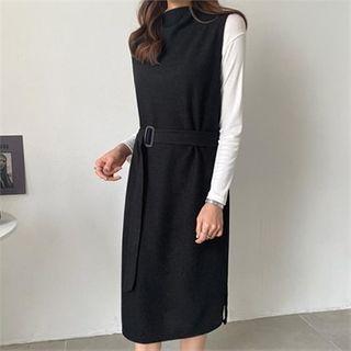 Set: Plain T-shirt + Sleeveless Dress With Belt