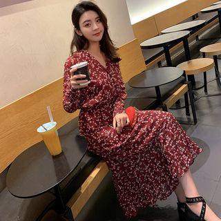 Long-sleeve Floral Midi A-line Dress Red - One Size