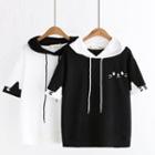 Cat Embroidered Color-block Short-sleeve Hoodie