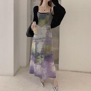 Spaghetti Strap Tie-dye Dress Green & Purple - One Size
