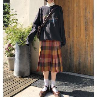Long-sleeve Printed Sweatshirt / Plaid Mini Skirt