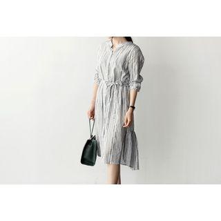 Mandarin-collar Pattern Dress With Sash