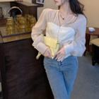 V-neck Lantern Sleeve Button-up Chiffon Panel Blouse