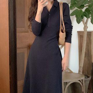 Polo-neck Knit Midi A-line Dress
