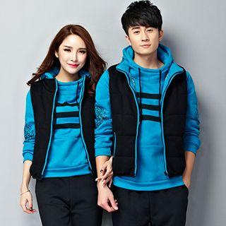 Set: Couple Printed Hooded Top + Vest + Pants